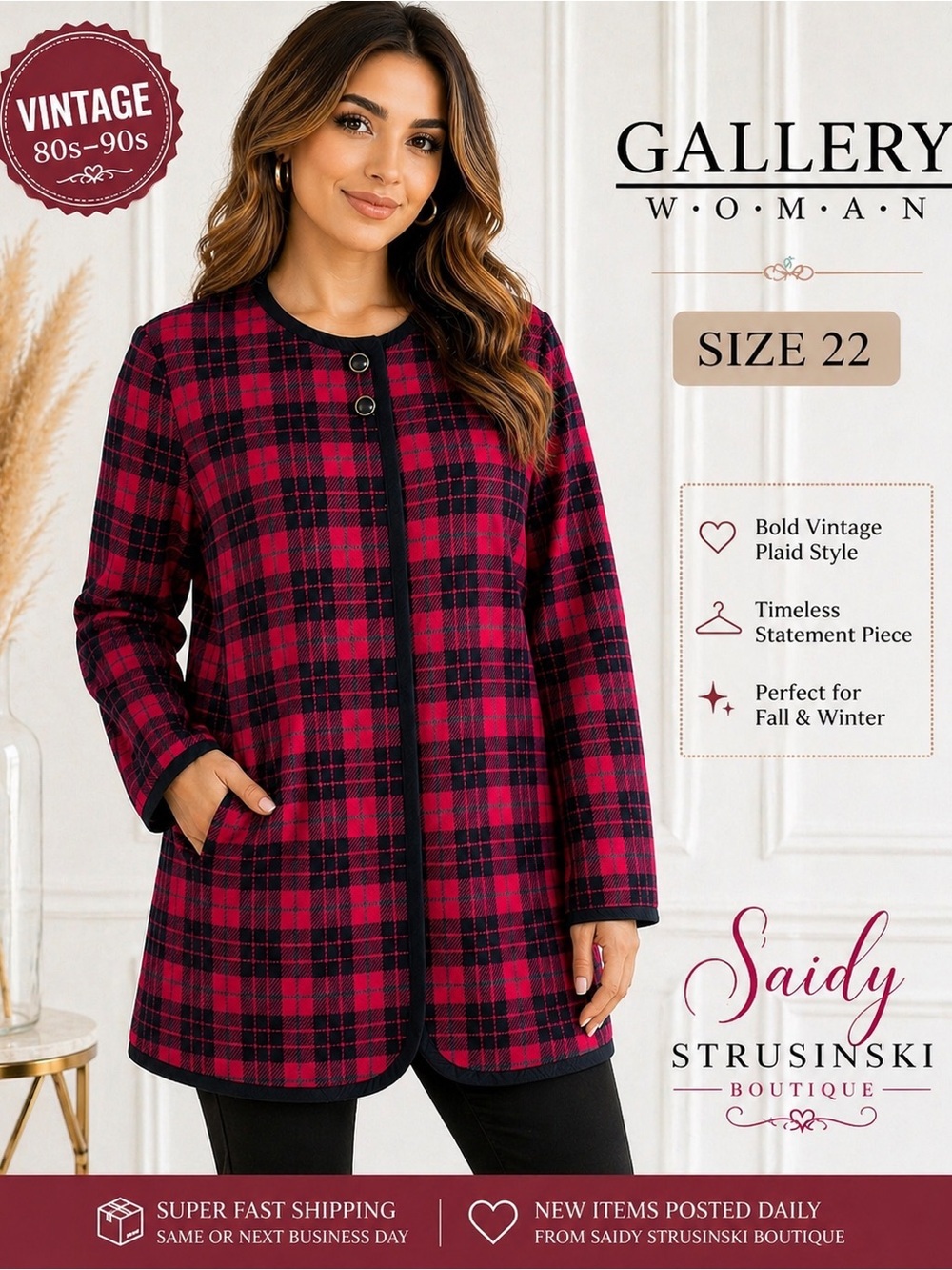 Vintage 80’s/90’sGallery Woman Plaid Jacket Blazer Red Black Statement Coat/22